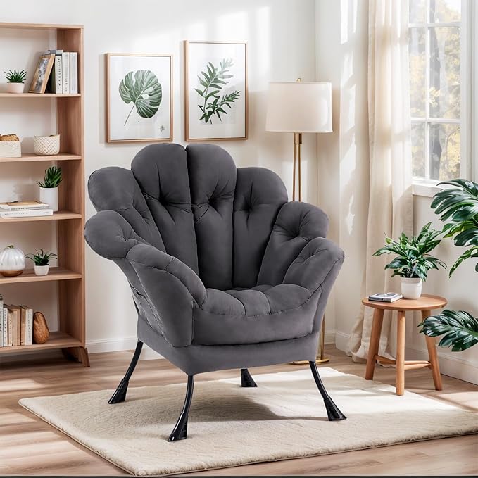 Lazy Chair, Modern Floral Reading Chair with Folding Footrest, Lounge Accent Chair, Comfortable Oversized Armchairs for Bedroom, Living Room, Courtyard, Dark Grey