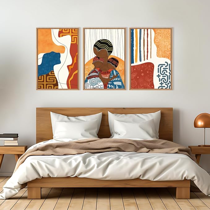 HOURIA Large Boho Black Woman Children Framed Canvas Wall Art Set,Colorful African American Wall Decor,Geometric Line Artwork,Abstract Ethnic Minimalist Murals Print for Bedroom,Farmhouse- 16"x24"x3