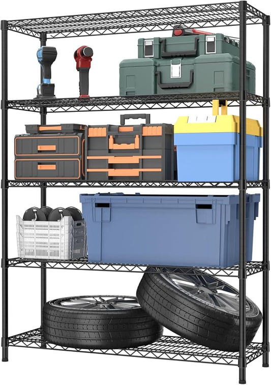 5 Tier Adjustable Storage Shelves Heavy Duty Metal Utility Shelf 1750LBS Capacity Wire Shelving Unit Organizer Rack for Home Kitchen Garage Pantry Room 18" D x 46" W x 77" H Black