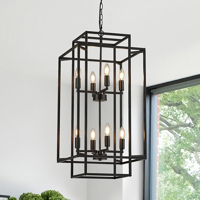 8-Light Black Chandelier,Semi Flush Light Fixture for Farmhouse with Metal Cage,E12 Bulb Socket and Adjustable Height for Dining Room,Kitchen Island,Living Room,Staircase, Entryway and indoor