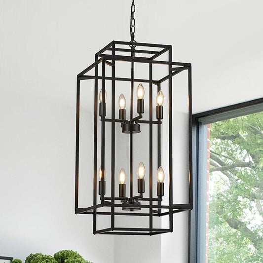 8-Light Black Chandelier,Semi Flush Light Fixture for Farmhouse with Metal Cage,E12 Bulb Socket and Adjustable Height for Dining Room,Kitchen Island,Living Room,Staircase, Entryway and indoor