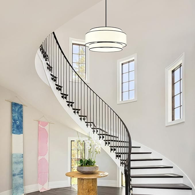 19.7'' Modern Drum Chandeliers,Black Chandeliers for Dining Room Hanging Light Fixtures,3-Tier Drum Pendant Light Over Island,6-Light White Fabric Chandeliers for Kitchen Living Room Entryway Bedroom