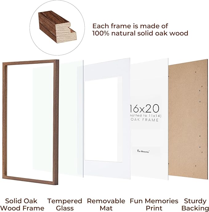 16x20 Picture Frame for Wall, Real Oak Wood Frames 16 by 20, 16x20 Frame Matted to 11x14, Tempered Glass, 16 x 20 Wood Frame, 16"x20" Poster Frame, Walnut Color, 1 Pack