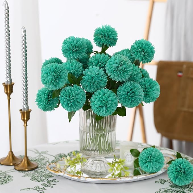 Floweroyal 24pcs Teal Flowers Artificial Chrysanthemum Ball Silk Hydrangea Flowers Bridal Wedding Bouquet for Home Garden Party Office Coffee House Decoration