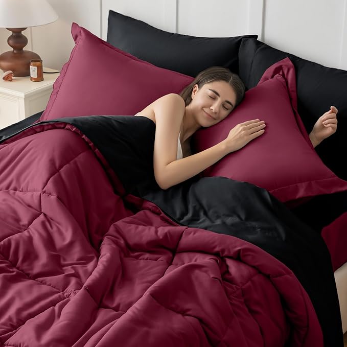 JOLLYVOGUE Twin Comforter Set, Ultra-Soft Bed in a Bag Twin Size 5 Pieces, Oeko-TEX Certified Bedding Set with Down Alternative Comforter, Sheets, Pillowcases & Shams, Burgundy & Black
