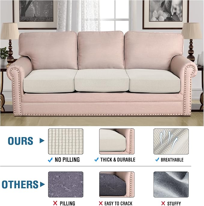 H.VERSAILTEX Super Stretch Individual Seat Cushion Covers Sofa Covers Couch Covers Slipcover Sets Thick Jacquard Textured Twill Fabric (3 Piece XL Sofa Cushion Covers, Porcelain)