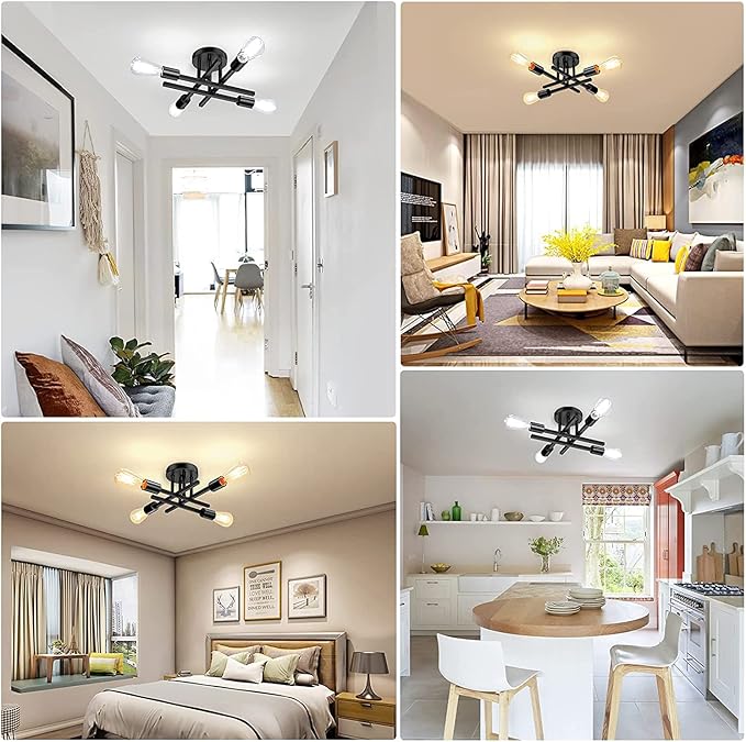 TOBUSA Semi Flush Mount Ceiling Light Fixture Matte Black, Modern Sputnik Close to Ceiling Light, Chandelier Light Fixture Ceiling for Bedroom Kitchen Living Room Dining Room, 4 Light E26 Socket
