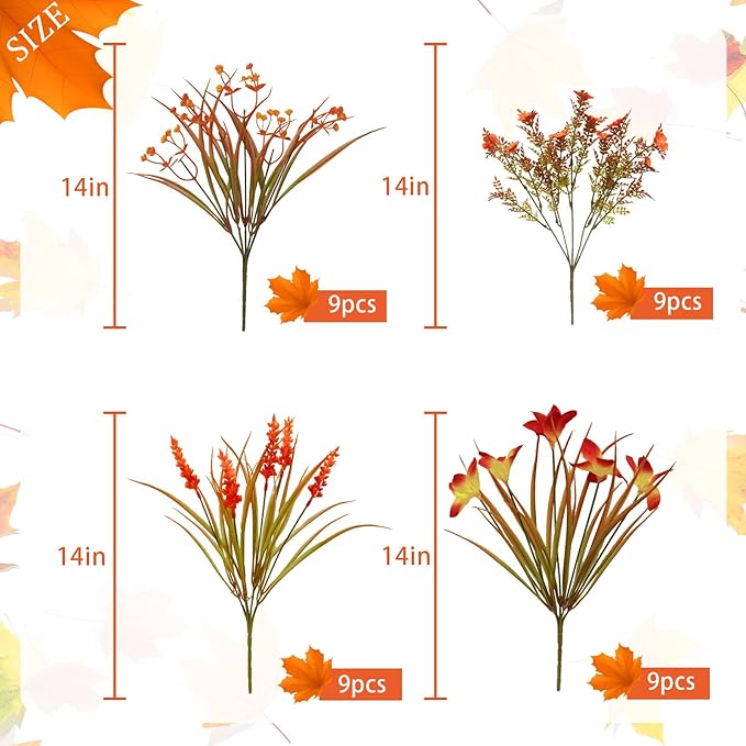 Uieke 36 Bundles Artificial Fall Flowers for Outdoors, Fake Autumn Plants UV Resistant No Fade Faux Plastic Plants for Garden Porch Window Box Outside Wedding Fall Decor