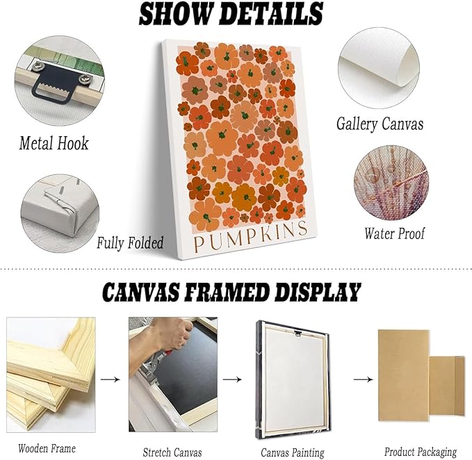 Framed Modern Autumn Wall Art Pumpkin wall art Vintage Pumpkin poster Large Fall Canvas Print posters Autumn 70s colors fall wall art Modern Pumpkins decor 11x14 framed