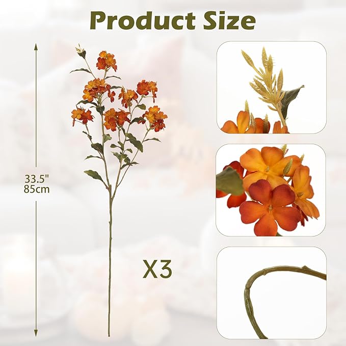 Briful Fall Artificial Hydrangea Flower Stems, 33.5" Silk Blossom Sprays with Bendable Stems, Set of 3 Faux Floral Branches for Tall Vase Arrangements, Orange
