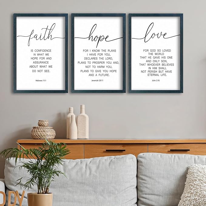 SRSZHIYUE Bible Verse Wall Decor Faith Hope and Love 16''×11'' Set of 3 Catholic Prayer Family Living Room Vintage Sign Farmhouse Scripture Quote Christian Minimalist Art Inspirational Wall Hanging (B