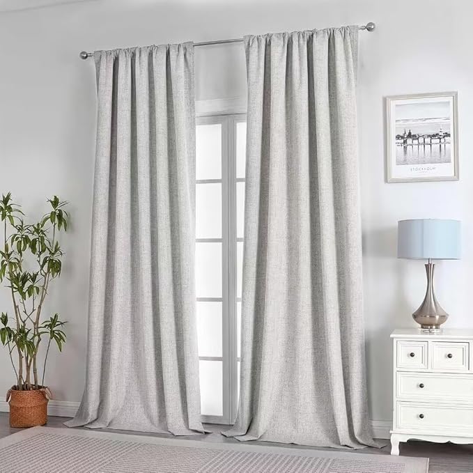 Joydeco Natural Linen Curtains 108 inch Length 2 Panels Set Burg 100% Blackout Patio Door Curtain Room Darkening Sliding Door Curtains Thermal Insulated Back tab Rod Pocket(105x108 inch, White)