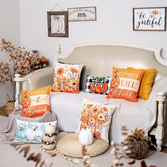 GEEORY Fall Throw Pillow Covers 16x16 Inch Set of 4, Pumpkins Floral Mason Jars Happy Fall Y'all Thankful & Blessed Orange Autumn Seasonal Decorative Farmhouse Decoration for Home G552-16