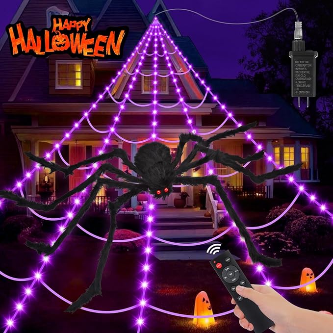 Halloween Decorations Spider Web Outdoor: Halloween Spider Web Lights 250 Purple LED Lights 59" Giant Spiders Scary Halloweens Decorations Outdoor Indoor for Party Garden Yard Home Haunted House Decor