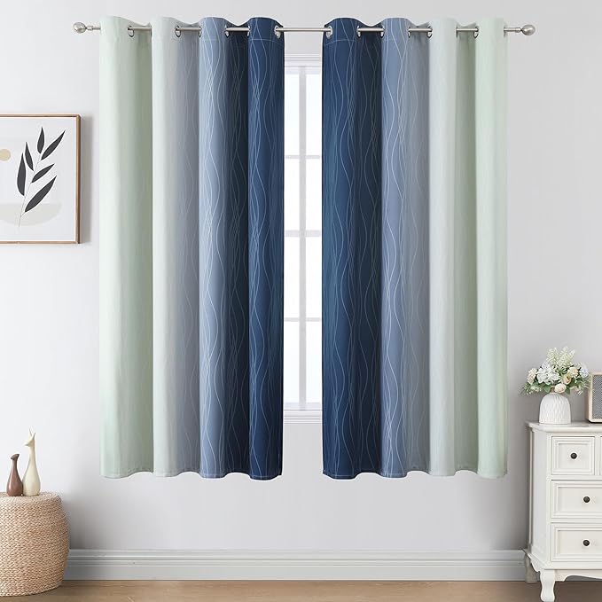 Estelar Textiler Navy Blue and Sage Green Ombre Blackout Curtains 63 Inch Length 2 Panels, Full Room Darkening Grommet Curtains for Bedroom, Thermal Insulated Light Blocking Gradient Drapes,52Wx63L