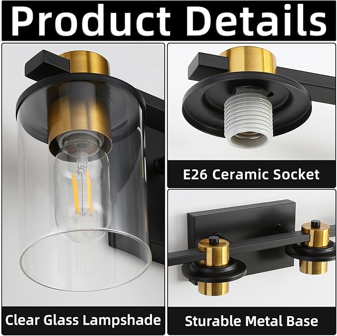 LOUSACE Bathroom Lighting Fixtures Black and Gold 4 Light Bathroom Vanity Light Over Mirror with Clear Glass Shades, Brushed Gold Socket Wall Vanity Lighting Fixtures for Bedroom Living Room