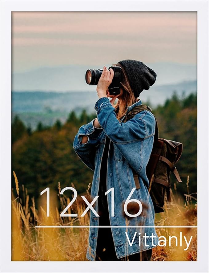 Vittanly 12x16 Picture Frame for Wall, Plexiglass, Displays Poster 11x14 with Mat or 12x16 without Mat, PVC Frame Material, Horizontal or Vertical Hanging, 1 Pack, White