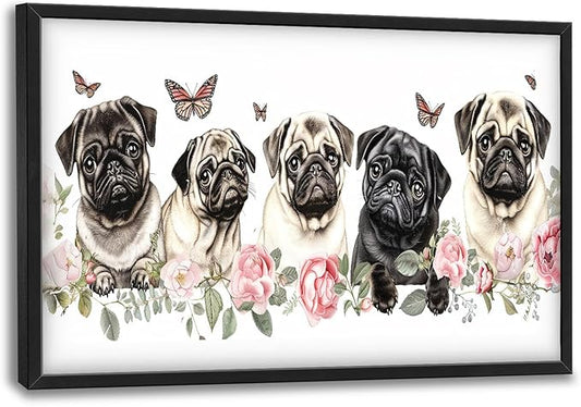 Flintis Large Pug Wall Art Dog Butterfly Pictures Wall Decor Abstract Animal Canvas Painting Print Artwork Decoration Framed for Living Room Bathroom Master Bedroom Office Dining Room 36L x 24W