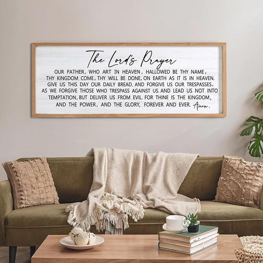 Our Father Prayer Bible Verse Framed Wall Art, 40''×15'' Natural Horizontal Religious Christian Lords Prayer Sign for God Jesus Christ Prayer, Rustic Holy Inspirational Catholic Scripture Decor