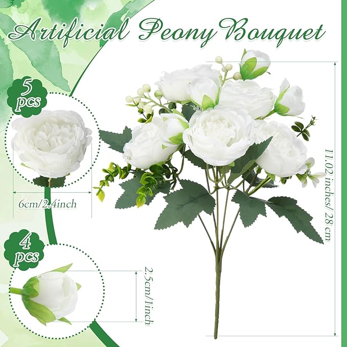 Geosar 2 Bundles Artificial Peonies Flowers Fake Silk Peony Bouquet Faux Peonies Flowers Bulk for Decoration Vase Florals Arrangements Wedding Party Table (White)