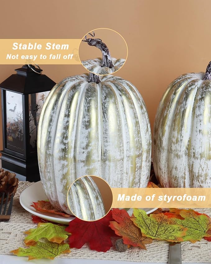 vensovo 2PCS 8 Inch Gold Plastic Pumpkins for Decorating–Large Artificial Foam Pumpkins for Fall Decor, Halloween, Thanksgiving, Paintable for DIY Crafts & Centerpieces