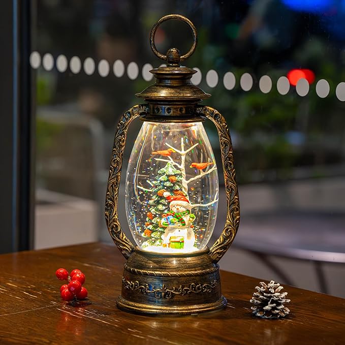 12'' Christmas Musical Snow Globe Lantern Spinning Water Glittering Snowman with Holiday Tree Scene, Battery & USB Powered Light for Home Decoration