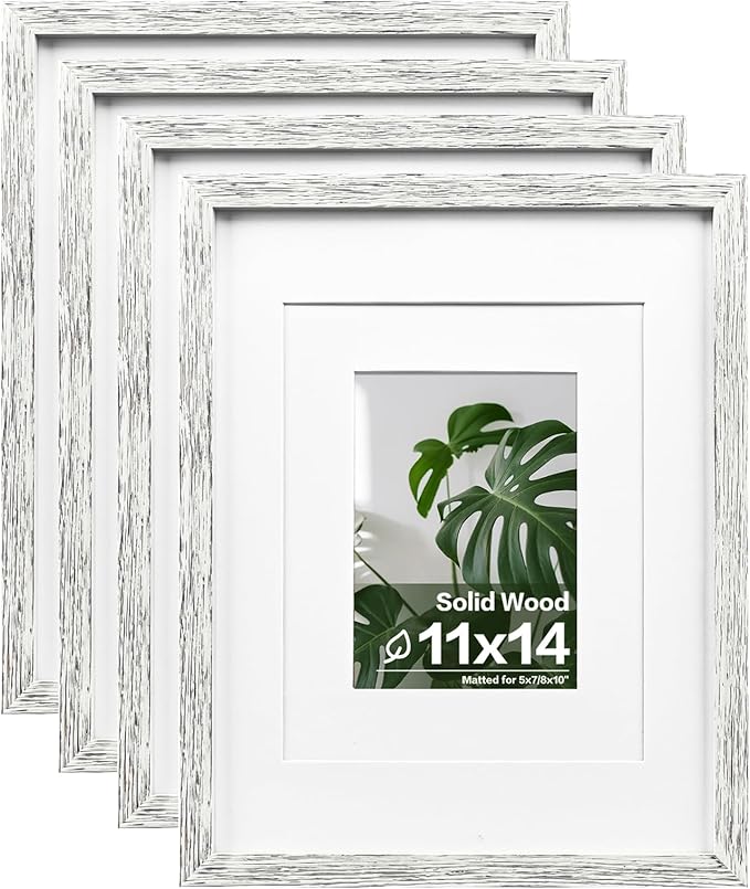 Egofine 11x14 Picture Frames Set of 4, Made of Solid Wood Covered by Plexiglass 5x7 and 8x10 with Mat or 11x14 without Mat, for Table Top Display and Wall Mounting Photo Frame Driftwood White