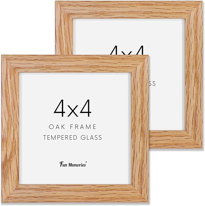 4x4 Picture Frame, Solid White Oak Wood Frame 4 by 4, 4 x 4 Square Photo Frame with Tempered Real Glass, Rustic Wooden Frame 4"x4" for Wall & Tabletop Display, Natural Color, Set of 2