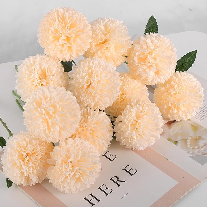 Hananona 12 Pcs Artificial Chrysanthemums Flowers Ball Flowers, Fake Mums Silk Plants for Home Decor Indoor Floral Arrangement Table Centerpiece (12, Champagne)