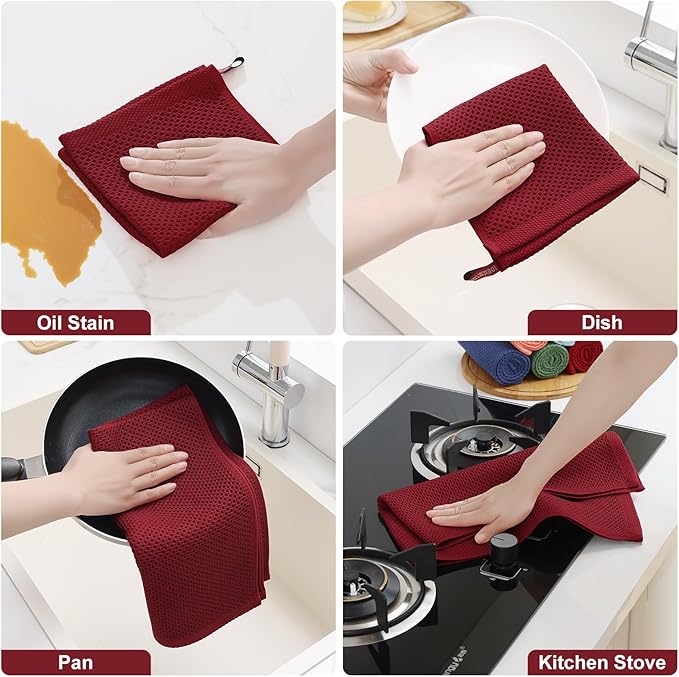 Homaxy 100% Cotton Kitchen Towels and Dishcloths Set, 12 x 12 Inches and 13 x 28 Inches, Set of 10 Bulk Kitchen Towels Set, Ultra Soft Absorbent Dish Cloths for Washing Dishes, Burgundy