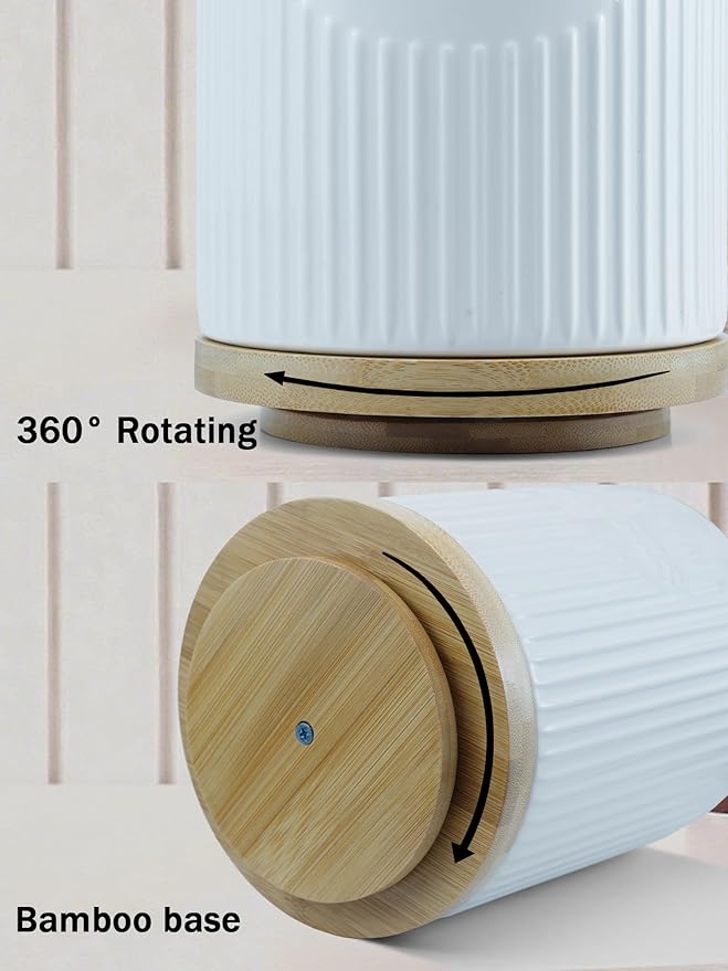 360° Rotating Utensil Holder, 7.6" Large Ceramic Kitchen Utensil Holder for Countertop with Bamboo Base, Stable Utensil Organizer, Farmhouse kitchen Decor, White