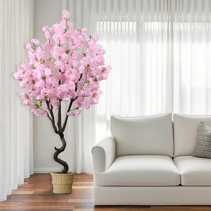 Faux Pink Cherry Blossom 5.5ft(67in) Tall Artificial Plant Indoor Decor Natural Realistic Fake Cherry Blossom Tree for Wedding Party Sakura Plant in Pot for Home Living Room,Office,Outdoor Decor