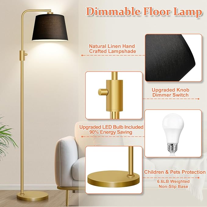 Nintiue Dimmable Gold Floor Lamp, 1000 LM LED Edison Bulb Included, Arc Floor Lamps for Living Room with Black Shade, Modern Standing Lamp Tall Lamps for Living Room Bedroom