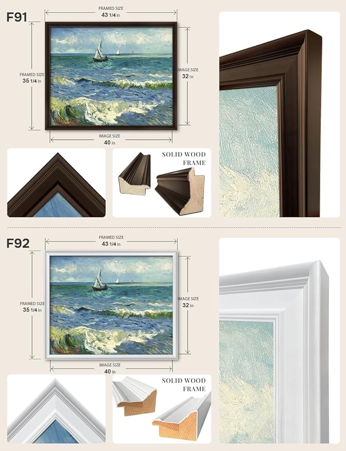 DECORARTS - The Sea at Les Saintes-Maries by Vincent Van Gogh, Large Giclee Canvas Print with Solid Wood Frame, Oversized Wall Art Decor