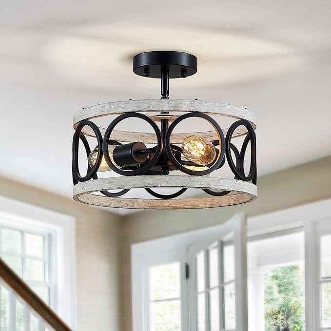 XINGQI Modern Farmhouse Ceiling Light Drum 3-Light Farmhouse Ceiling Lighting Fixture White Wood Grain Finish Semi Flush Mount Ceiling Lights 13” Metal Round Ceiling Lamp for Bedroom Entryway