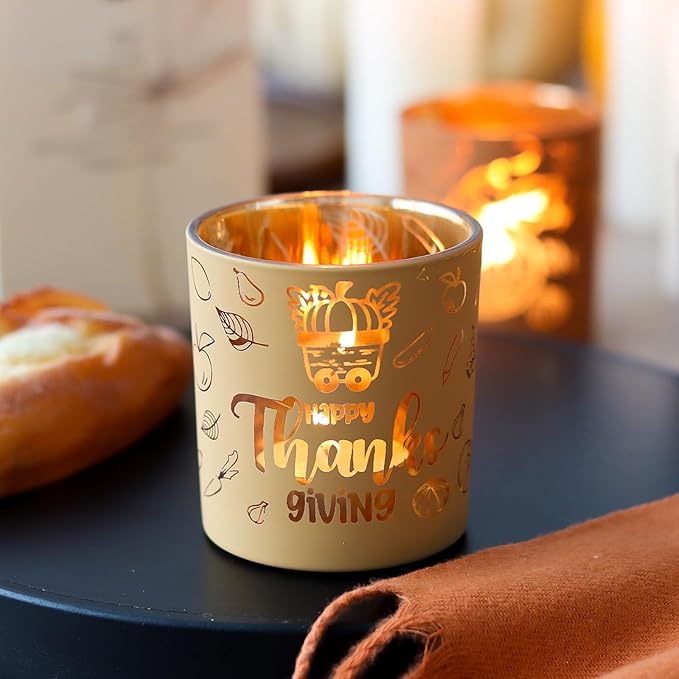 SHMILMH Glass Votive Candle Holders 4PCS Thanksgiving Tealight Candle Holders for Fall Table Centerpiece, Thanksgiving Decorations Indoor or Outdoor D閏or