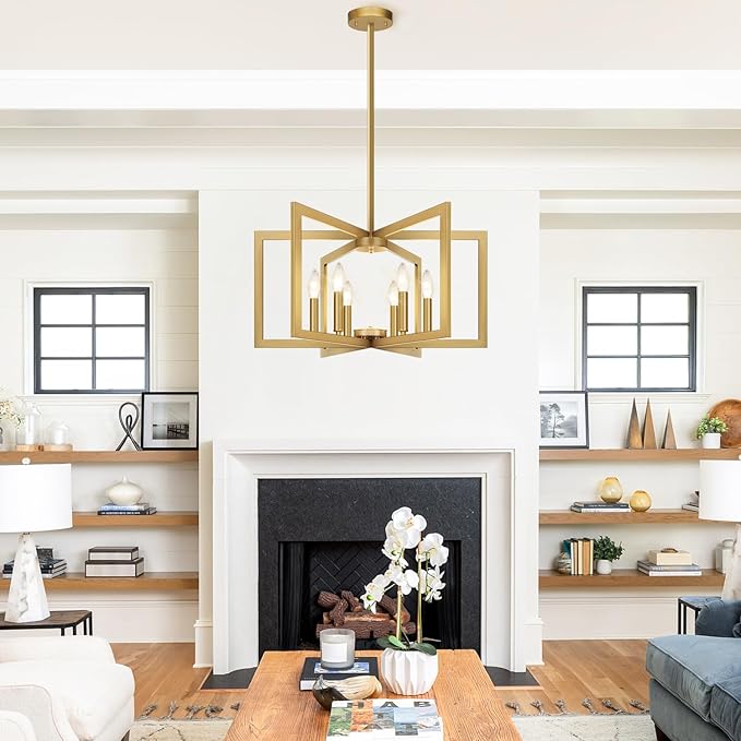 25" Modern Gold Chandelier for Dining Room (6-Light, 25-Inch), Geometric Gold Dining Room Light Fixture Over Table, Industrial Metal Hanging Pendant Lights for Kitchen Island, Entryway, Foyer