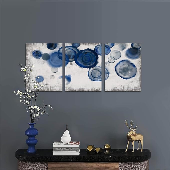 YJYart Abstract Watercolor Wall Painting Pictures for Bathroom Wall Decor Navy Blue Canvas Prints Blue and White Wall Art for Bedroom Kitchen Office 12"x16"x3p
