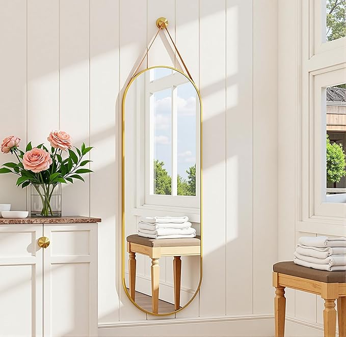16"x48" Oval Full Length Mirror with Leather Strap Hanging Mirror with Aluminum Frame, Oval Gold Wall-Mounted Mirrors for Living Room Bedroom Entryway Décor, Gold
