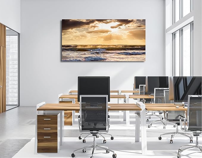 Sunset Ocean Canvas Wall Art - Ocean Waves Wall Decor Glow Sea Scene Picture Painting Nature Landscape Prints Sunset Over the Ocean Painting Artwork Living Room Bedroom Office Home 29" x 58"