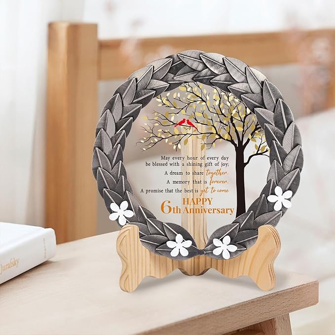 6th Anniversary Wedding Gifts Crystal Plate with Iron Leaf Wreath – 6 Years Iron Ideas for Couple or Parents – Cardinal Style