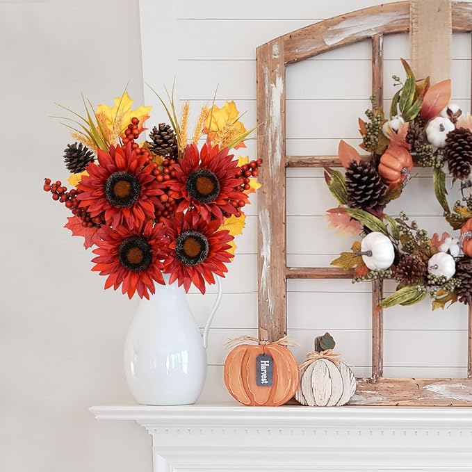 Briful Set of 2 16in Fall Burgundy Sunflower Picks and Sprays with Pinecones Berries Maple Leaves Artificial Fall Floral Branches Stems for Autumn Home Wedding Party Vase Centerpieces Decor