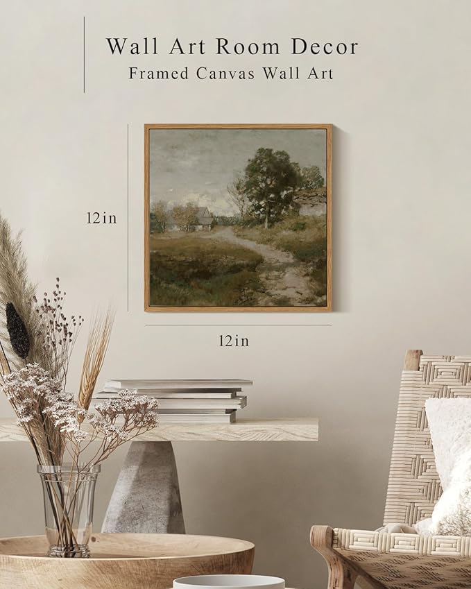 InSimSea Square Framed Canvas Wall Art, Landscape Decor Classical Rural Farmhouse Room Decor, Vintage Nature Oil Painting Wall Art Prints Decor for Bathroom, Bedroom, Living Room 12"x12"