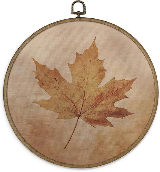 Gnmduw Fall Leaf Wall Art Framed, Fall Wall Decor, Rustic Thanksgiving Autumn Round Hanging Wall Decor, Halloween Autumn Canvas Prints Art for Cottage Core Living Room Bathroom Bedroom, 10x10 Inch