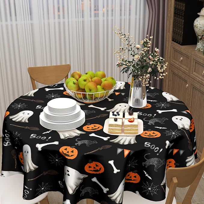 Kawani Halloween Tablecloth Round 60 Inch Scary Pumpkin Ghost Round Table Cover Halloween Table Cloth Fall Circular Washable Polyester Tabletop Decor for Home Kitchen Dining Room Banquet Picnic Party