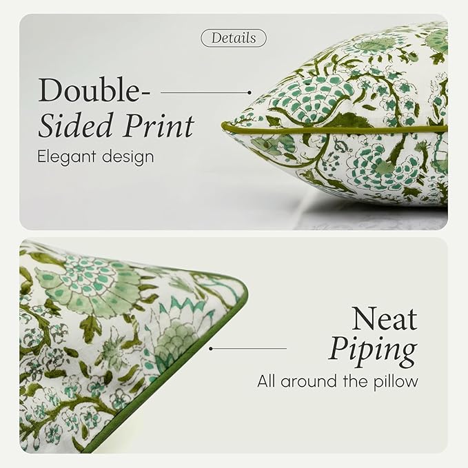 CPC 100% Cotton Throw Pillow Covers 16X16 Green Block Print Pattern Couch Pillow, Cute Boho Decorative Pillows for Living Room, Bedroom with Hidden Zipper- Coral Pink