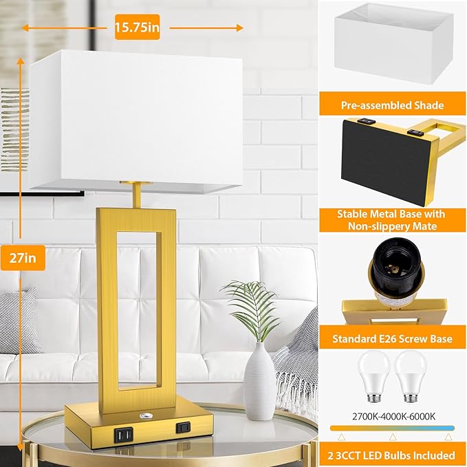 3 Way Dimmable Table Lamps for Bedrooms Set of 2, 27.2’’ Super Tall Modern Gold Lamps for Living Room Nightstand End Tables, Button Touch Control Bedside Lamps with 2 USB Ports, E26 Bulbs Included