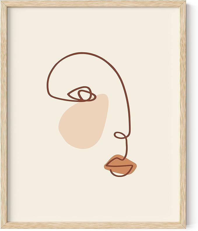 HAUS AND HUES Female Figure Wall Art Line Drawing - Single Line Drawing Wall Art, Minimalist Woman Art Print Line Art Wall Decor Silhouette Lipstick (Beige Frame, 16x20)