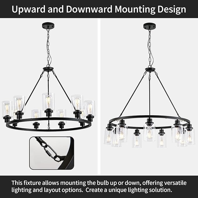 9-Light 32" Modern Farmhouse Chandeliers for Dining Room,Wagon Wheel Black Chandelier,Adjustable Height Hanging Round Pendant Lights for Kitchen Island Clear Glass Shade Ceiling Light fixtures