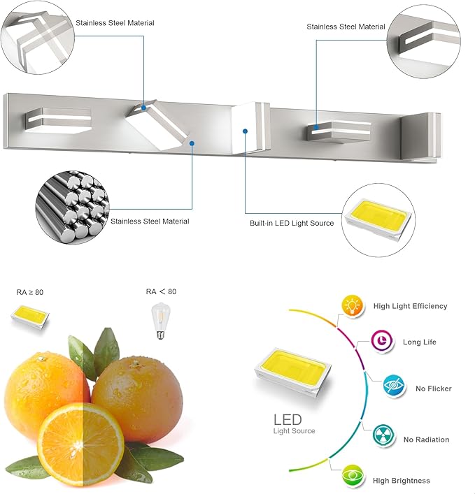 SineRise LED Modern Bathroom Vanity Light Fixtures (5-Light, 40-Inch, Dimmable), Brushed Nickel Modern Acrylic Bathroom Wall Lighting Fixtures Over Mirror (Cool White 6000K)